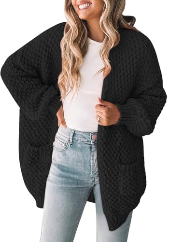 Pink Queen Chunky Cardigan Sweaters for Women Lantern Sleeve Knitted Long Coat Outwear Black S