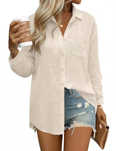 HOTOUCH Linen Shirts for Women Loose Fit Boyfriend Button Up Shirt Long Sleeve Casual Cotton Blouse Tops Khaki M