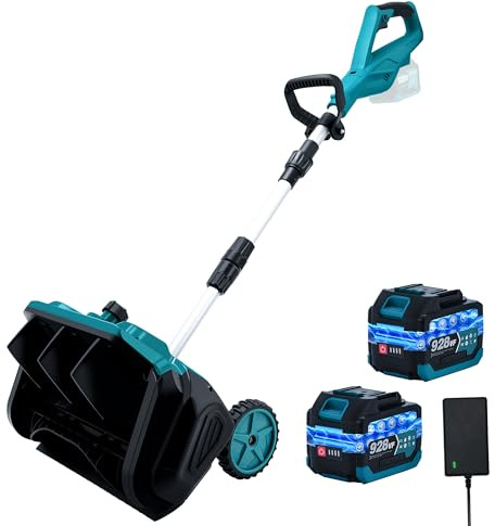 Akku Schneefräse für Makita Akku 18V,1000W Elektrische Schneefräse mit Rollen, Arbeitsbreite 32 cm, max.Schneehöhe 18 cm,Wurfweite 6m,30° Einstellbar (Blau 2 Batterie)