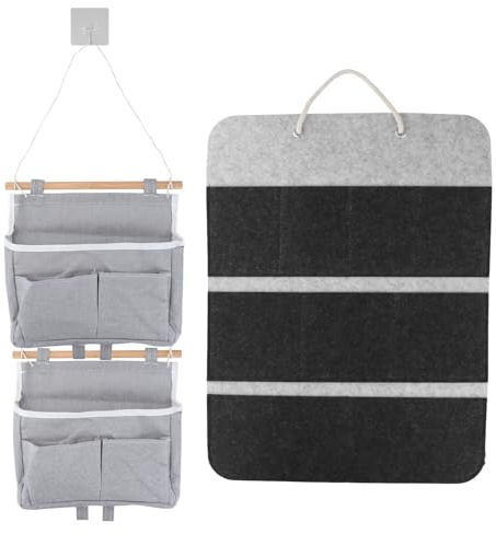 Organizador Colgante de Fieltro Grande + 2 Bolsas de Lino con Ganchos Adhesivos y Barra de Madera, Bolsa de Almacenamiento de Pared con Bolsillos para Puerta Baño Cocina Oficina Armario Hogar
