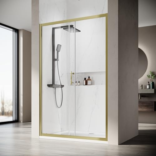 SONNI Duschkabin duschskjutdörr guld-klart glas, olika storlekar 100/110/120 cm, ESG-tonat glas, dusch, nischdörr, glasskjutdörr, 120 x 185 cm