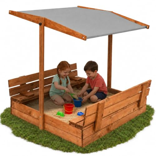 Arenero de madera de 120 x 120 cm con techo y cubierta, caja de arena para niños, caja de arena para jardín, de madera de coníferas impregnada, toldo ajustable, plegable, marrón y gris SPRINGOS