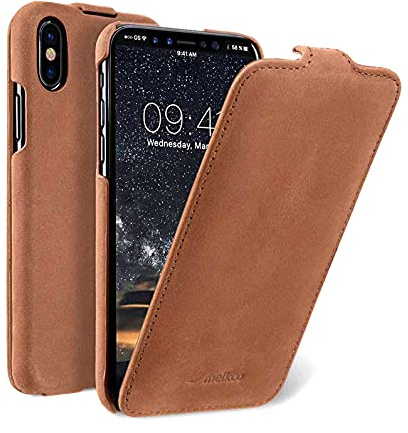Edle Tasche für Apple iPhone XS und iPhone X / Case Außenseite aus Echt-Leder / Schutz-Hülle aufklappbar / Flip-Case / Etui im Vintage Look / ultra-slim / Cover Innenseite aus Textil / Braun