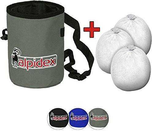 ALPIDEX Chalkbag inklusive 3 x Chalk Ball 35 g Kletterkreide Bouldern Klettern Fitness Gym Turnen Gewichtheben, Farbe:Grey Mountain