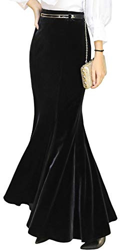 ebossy Jupe Moulante Taille Haute en Velours Queue de Poisson sirène Maxi Jupe de soirée pour Femme, Noir, 48
