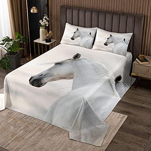 Loussiesd Weiß Pferd Kinder Tagesdecke 240x260cm Wohndecke für Mädchen Jugendliche Mädchen Pferd Motiv Bettüberwurf Süß Tiere Thema Steppdecke mit 2 Kissenbezug Super weich