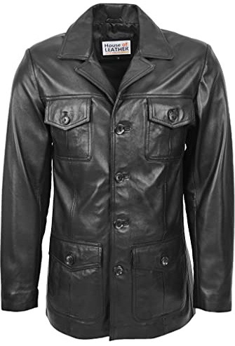 Chaqueta de cuero para hombre con botón clásico de cierre de chaqueta estilo Jerry, Negro, XXL
