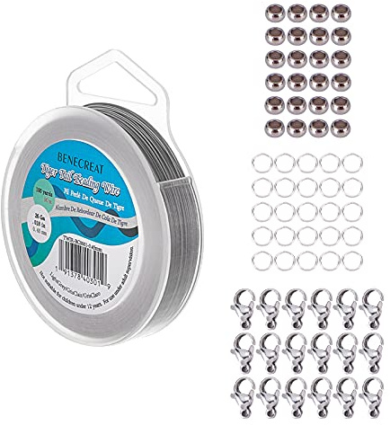 BENECREAT 90 m 0,46 mm hilo de perlas de acero inoxidable de 7 hebras con anillos de salto de 200 piezas, 50 piezas y cierres de garras de langosta de 30 piezas para hacer joyas