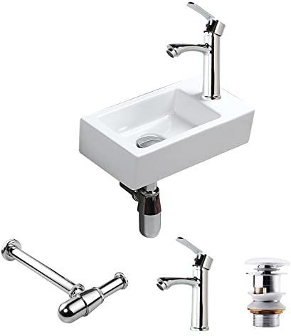 CROSS ZEBRA Lavabo de cerámica montado en la pared Rectángulo Tamaño pequeño con grifo Sifón Blanco Recipiente de diseño moderno simple y elegante Fácil de instalar y limpiar para baño (Mano derecha)