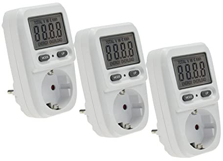 Energiekosten-Messgerät Stromkostenmessgerät Stromzähler Energiekostenmesser für Steckdose 230V - Verbrauchszähler bis 3600 Watt Tarif einstellbar - 3 Stück Weiß
