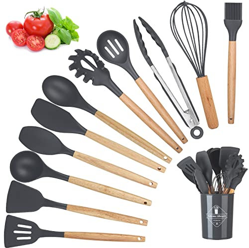 Utensili da Cucina Accessori, 12 PCS Set Mestoli Cucina, Utensili Cucina Antigraffio con Contenitore e ​Manico in Legno Senza BPA con Spatole/Spatola/Cucchiaio/Frusta/Pennello/Mestolo/Paletta