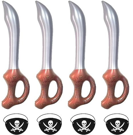 4 aufblasbare Piratenschwerter, 4 Piraten-Augenklappen, Machetenstab, aufblasbarer Säbelball, Piraten-Themenparty, Piratenkostüm-Zubehör, Piraten-Cosplay-Zubehör