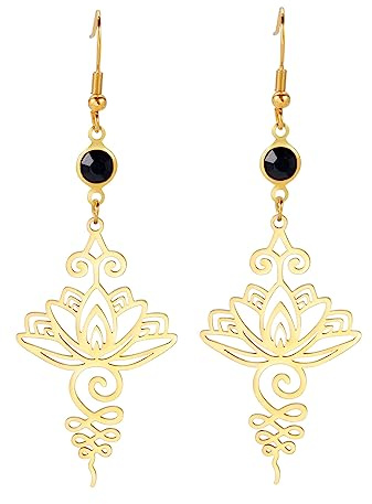 Boucles d'oreilles fleur de lotus bohèmes pendantes en acier inoxydable bouddhisme yoga guérison symbole unalome amulette bijoux religieux, taille unique, Acier inoxydable, Pas de gemme