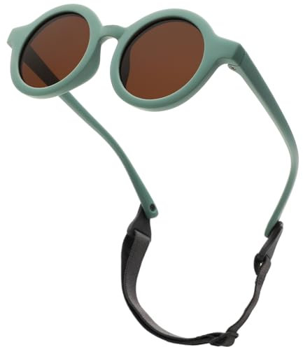 LOJUDI Baby Sonnenbrille 0-24 Monate, Polarisierte mit Riemen Verstellbar Weicher Silikonrahmen Rund Kinder UV400 Schutz Sonnenbrille Baby für 0-2 Jahre - Grün Rahmen