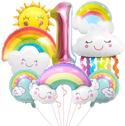 Decoration Anniversaire Arc en Ciel 1 An, Ballon Helium Nuage, Géants Ballons Numéro 1, Ballon de Soleil, Fournitures Fête pour Fille Enfants Anniversaire Fête Décorations