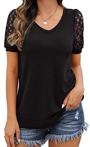 IWOLLENCE Short Sleeve Tops for Women UK Going Out Womens Blouses V-Neck Ladies Dressy Lace Sleeve T Shirts (Black, Large)