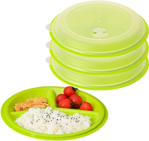 SPORWAY 3 Stück Mikrowellengeschirr mit Deckel: Mikrowellenteller mit Deckel mit 3 Fach Aufteilung, Vorrats Dose Aufbewahrung Geschirr zum Erhitzen Mikrowellen Geschirr (Grün-3PCS)