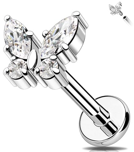Melighting G23 Titan Knorpel Labret Stud Schmetterling Helix Ohrring Lobe CZ Flat Back Ohrring 16G Tragus Piercing Schmuck Clear Zirkonia 8MM