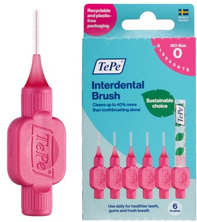 TePe Interdental Brush Original, Soft Dental Brush for Teeth Cleaning, Pack of 6, 0.40 mm, Extra-Small/Small Gaps, Pink, Size 0