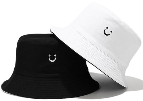 MAZELIKEHOOD Cappello Pescatore Pieghevole Cotone Bucket Hat Donna Uomo Cappello da Pesca Reversibile Protezione del Sole Cappelli Faccia Sorridente Cappellino