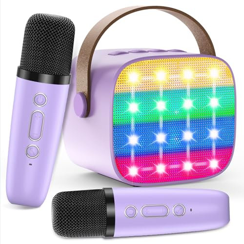 Karaoke Maschine Kinder, Mini Karaoke Maschine mit 2 Mikrofonen, Spielzeug ab 3-12 Jahre Mädchen Jungen Mikrofon Geschenke, Tragbarer Bluetooth-Lautsprecher mit Stimmeffekten & LED-Lichtern