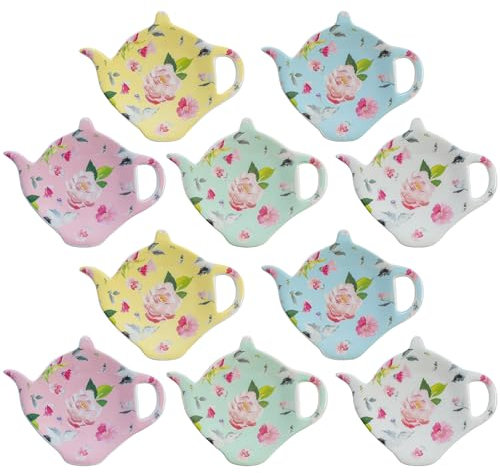 PRECITIME Porcelain Tea Bag Coasters, Floral Used Tea Bag Holder Ceramic, Set of 10 Tea Bag Plates Floral, Teaspoon Rest, Tea Bag Dish, Tea Party Gifts