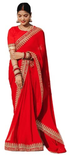 Accessorize Kingdom Sari Georgette rojo listo para usar con blusa sin costuras, ideal para bodas, eventos festivos y celebraciones tradicionales, talla libre, modelo 831, multicolor, talla única
