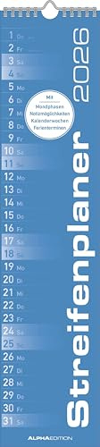 Alpha Edition - Streifenplaner Blau Kalender 2026 – 11,3x49,5 cm – Wandplaner für Haushalt, Büro & Familie – Praktischer Küchenkalender mit neutralem Design – FSC-zertifiziert