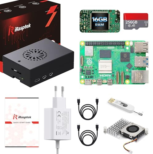 iRasptek Starter Kit for Raspberry Pi 5 de démarrage 16Go - Édition OS-Bookworm de 256Go préinstallée (boîtier Aluminium)