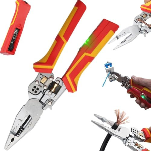 Pavlleen Alicates Pelacables 9 en 1 con Función de Medición de Corriente, Multifuncional Pelacables, Pinza para Electricista para Pelar, Prensar, Cortar, Tirar, Bobinar, Dividir