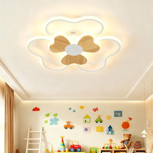 BLMYL Lampara Infantil Techo 36W Lampara Techo LED Infantil Dormitorio Forma de flor Madera 3000K-6000K Regulable con Control Remoto, Plafón LED Techo de 42CM para Cuarto de Niños Dormitorio