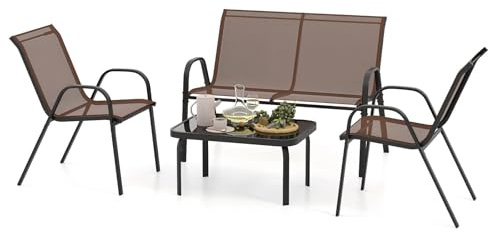 KOMFOTTEU Ensemble de Salon de Jardin 4 Pièces pour 4 Personnes, Set de Meubles de Jardin, avec 2 Fauteuils, 1 Canapé et 1 Table Basse, Mobilier d’Extérieur, pour Cour, Patio (Brun)