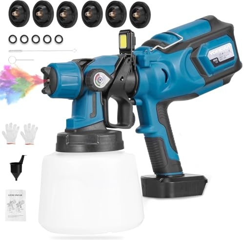 Yofidra Spruzzatore di vernice senza fili, pistola a spruzzo 1400 ml, Verniciatore a Spruzzo a batteria, 6 ugelli, 3 modalità di spruzzo, luce LED ricaricabile (batteria non inclusa)