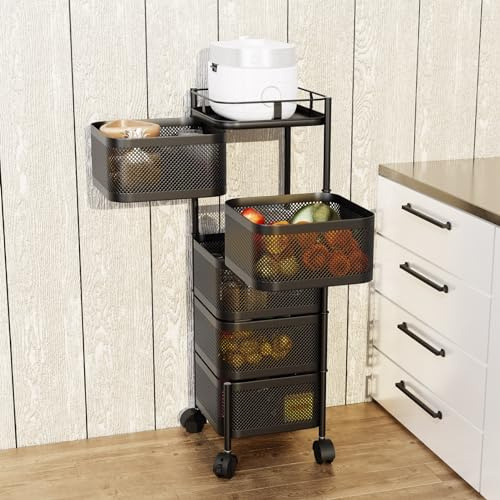 Rotating Storage Shelves Rack, 5-Tier Fruit Vegetable Storage Trolley, Kitchen Organization, Space Saving
