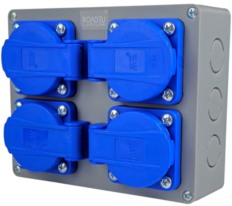 RoadEu Caja Distribución Cuádruple IP44 Cuadrada 4 Tomas Schuko 230V/16A Base Múltiple Cuadro Obra Compacto Taller Garaje Exteriores