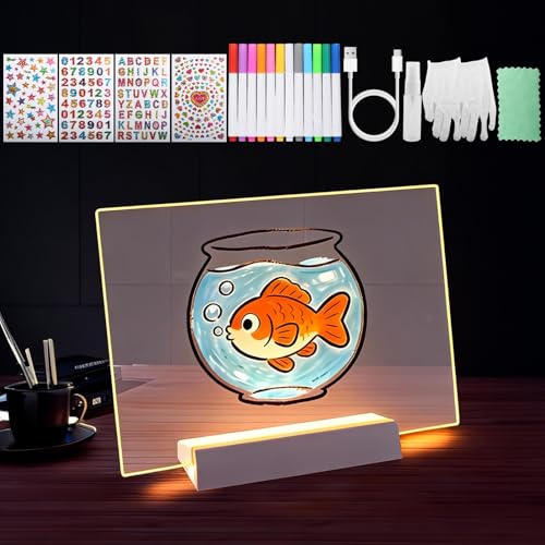 LbsAMP Tableau Acrylique Lumineuse Message LED Rechargeable avec 12 Stylos de Couleur et Autocollants Tableau D'écriture Mémo Essuyable pour Décorations Fête Publicitaire Planification - 30x20CM