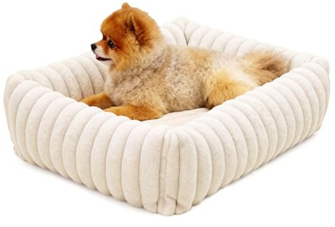 Leikurvo Hundebett Mittelgroße Hunde orthopädisch, 63x53x18 Hundebett Waschbares Hundekorb mit hohem Rand, Rechteckig, Cord Fleece, Rutschfestes Hundekörbchen Hunde bettchen Hundesofa, Weiß