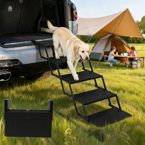 Niubya Foldable Dog Steps & Pet Stairs for Cars, SUVs, Trucks, Portable Lightweight Non-Slip Dog Ramp, Supports Up to 91kg - Aluminium Frame with ABS Treads, 5 Steps