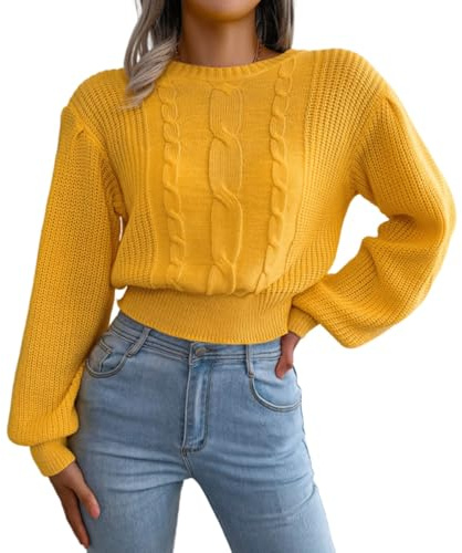 Pull court en tricot torsadé à manches bouffantes pour femme - Pull en tricot cintré à la taille - Pull tendance décontracté en cachemire - Doux et chaud - Coupe décontractée et design élégant