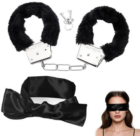 Esposas de Metal con Felpa Negra, Esposas Set con 2 Llaves y 1 Antifaces para Dormir, Esposa de Metal Accesorios para Fiesta Juguetes Parejas