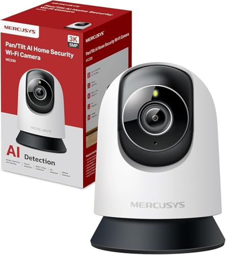 MERCUSYS MC230 3K 5MP övervakningskamera inomhus 360°, WLAN 2,4 GHz, mörkerseende, tvåvägsljud, AI-detektering, kompatibel med Alexa|Google|Samsung, MicroSD-kort upp till 512 GB