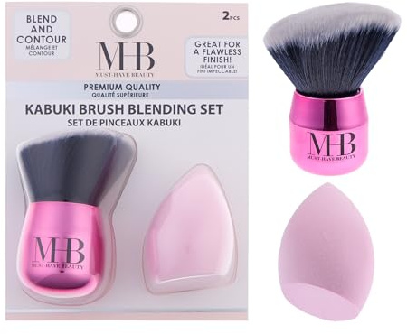 2pc Kabuki Brush Blending Set – Premium Angled Foundation Brush & Teardrop Makeup Sponge – Professional Tools for Seamless Contour & Flawless Finish (METALLIC PINK)