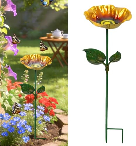 Bain Oiseaux Artisanal Fleur,Abreuvoir Oiseaux Exterieur sur Pied,Abreuvement Abeilles pour Jardin,Extérieur pour Insectes Et Papillons avec Pied Amovible,Décoration Jardin Terrasse (Jaune)