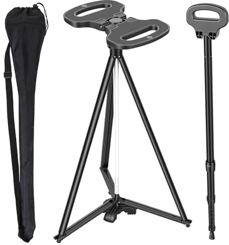 Walking Stick with Seat, Height Adjustable Aluminium Folding Cane Seat with Carrying Bag and Anti Slip Rubber Base, Walking Cane Chair for Queuing Hiking Travel, 87 to 97 cm