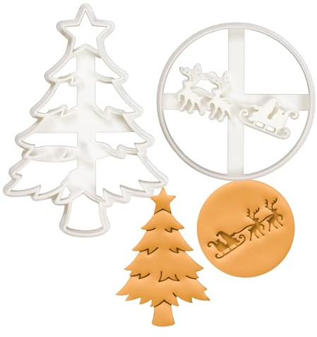 BAKERLOGY Set of 2 Christmas Cookie Cutters (Designs: Christmas Tree and Santa Claus with Reindeer) - Detailed Biscuit Cutter Design for Baking and Crafts, Ideal on Fondant, Dough, Clay