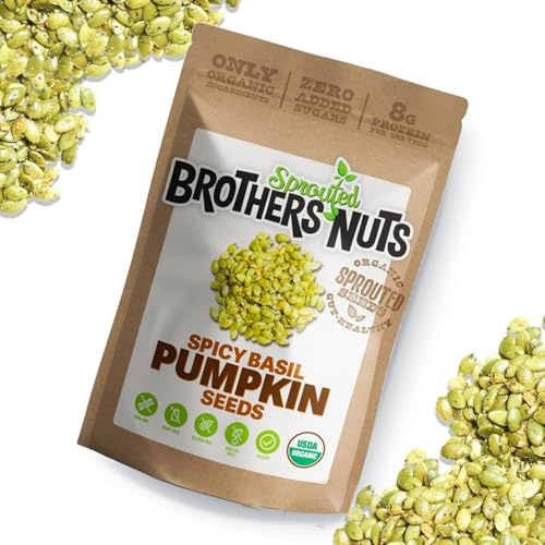 Brothers Nuts Spicy Basil Pumpkin Seeds – Organic, Sprouted Pumpkin Seeds – Healthy Keto Snack – Vegan, Gluten-Free, Kosher – No Preservatives – 6 oz