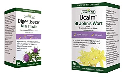 Natures Aid DigestEeze Milk Thistle, 60 Tablets & Natures Aid Ucalm St John's Wort, Relief of Symptoms of Slightly Low Mood and Mild Anxiety, Vegan, 60 Tablets