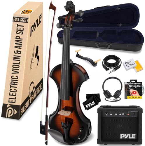 Pyle violin electrico, Silencioso, De tamaño Completo 4/4, Estuche duro, Arco, Accesorios de ebano y afinador digital