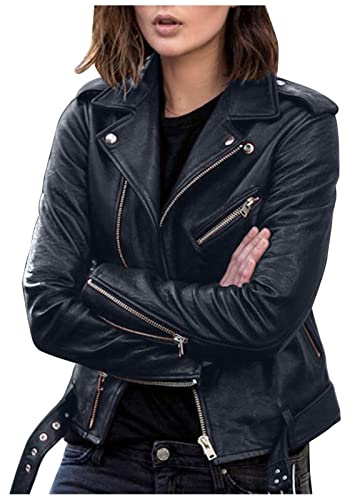 EMUKFD Veste de moto en cuir synthétique pour femme - Grande taille - Manteau court léger en similicuir végétalien - Tendance - Coupe ajustée - Avec poches zippées