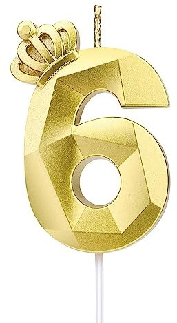 Vela número 6, vela grande de feliz cumpleaños de 7,6 cm con exquisita corona 3D diseñada para decoración de tartas para bodas, aniversarios, cumpleaños,reuniones,fiestas temáticas,celebración (Oro-6)
